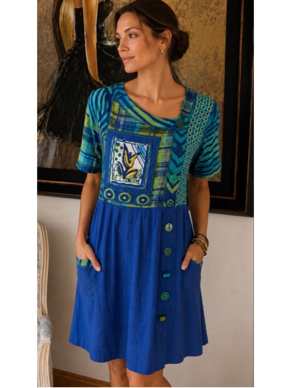 La Cera Blue & Green Patchwork Dress M